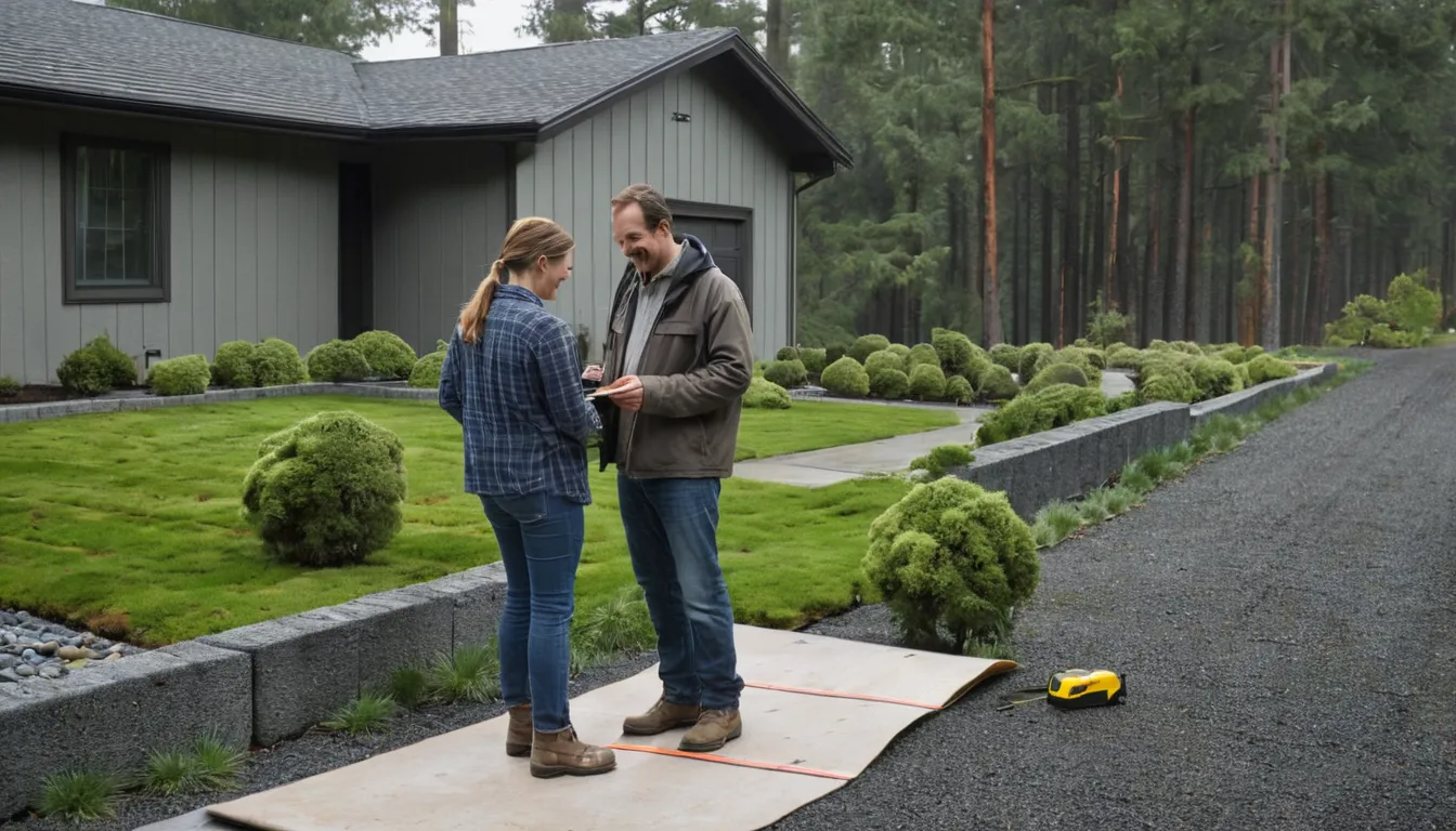 A homeowner reviewing a driveway plan with a local provider in the Portland area